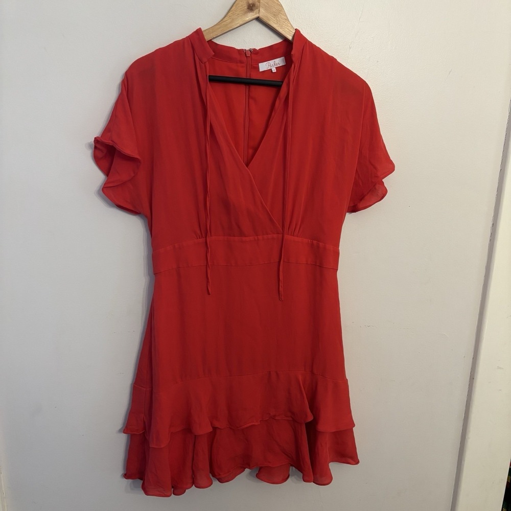 Parker Women's Red‎ Silk Tiered Mini Dress Flutter Sleeves Lined Size 10